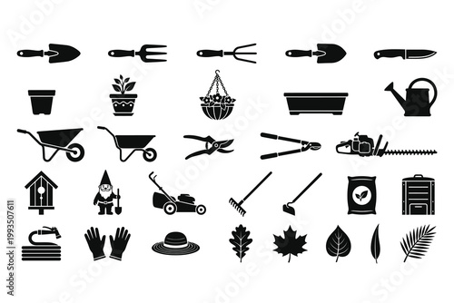 A vector icon sheet featuring 30 unique solid black silhouettes of gardening tools and plants .eps