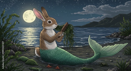 Moonlit Mermaid-Rabbit: In a whimsical twilight scene, a charming rabbit-mermaid hybrid combs its seaweed-like hair under the enchanting glow of a full moon by the serene seaside.