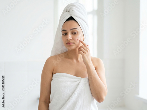 young indian woman in towel touching cheek with pimple in clean white bathroom representing acne skincare concern and natural beauty concept