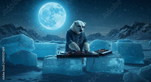 Polar Bear DJ at Midnight: A cool polar bear in a jacket, captivated by the mesmerizing glow of the full moon as he spins records. He is at the forefront of a winter wonderland. 