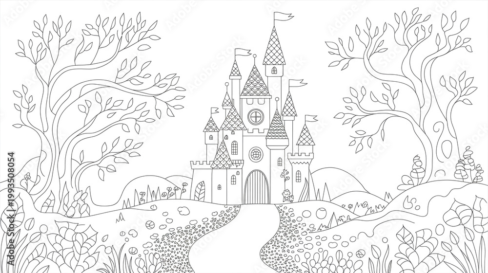 Naklejka premium A whimsical castle illustration with trees and a winding path isolated on white background