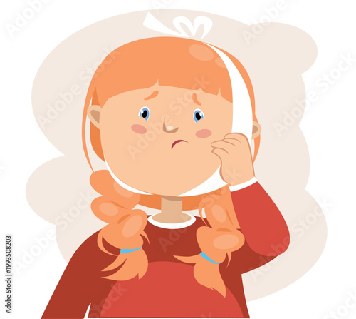 Sad girl with a bandage suffering from a severe toothache, child character with dental problem, dentistry concept.