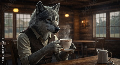 Wolf enjoying Tea: A captivating scene presents a wolf in attire, engrossed in the pleasure of drinking a hot tea. Capturing a unique moment of personification, this image shows a charming.