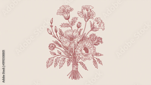 A beautiful bouquet of flowers in a detailed line drawing style on beige