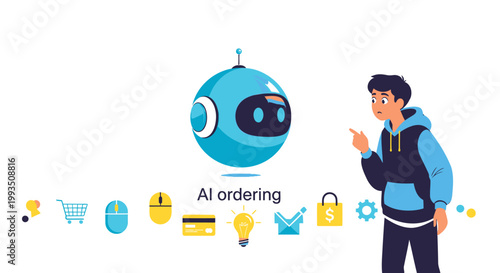 Robot, AI technology, ecommerce icons, business automation, digital ordering