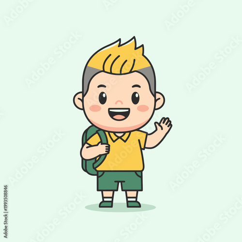 Cute Cartoon Boy Waving Hello with Backpack.