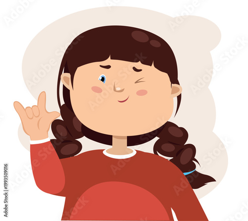 Happy girl winking and showing "rock on" hand sign, funny child character having fun, emotions concept.