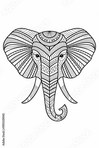 Detailed black and white elephant head with intricate patterns isolated on white background