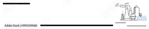 Industrial production, air quality, environmental pollution, manufacturing processes, energy resources, and waste management. Minimalist factory with smokestacks and pipes emitting vapor
