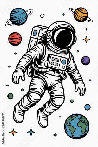 Astronaut floating in space with planets and stars isolated on white background