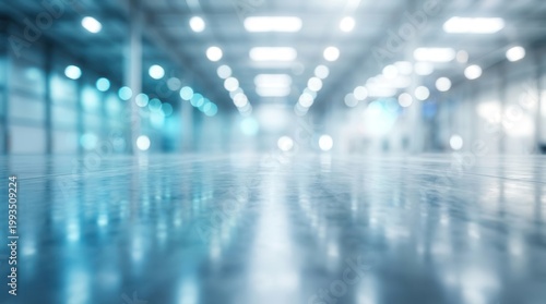 An industrial warehouse and factory interior with a blurred bokeh background.