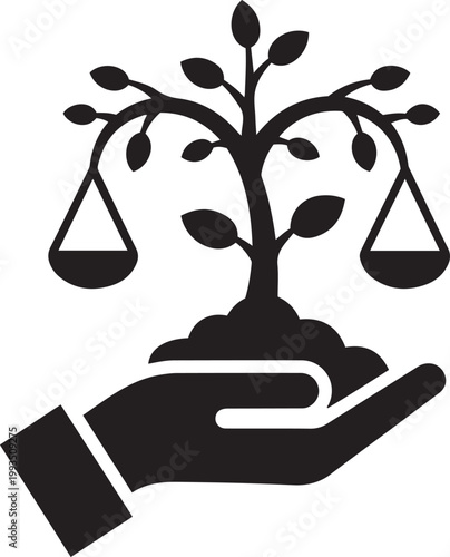 Hand harvesting branch with leaves and abstract shapes on transparent background