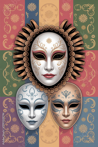 Three ornate colorful masks on a vibrant multicolored background