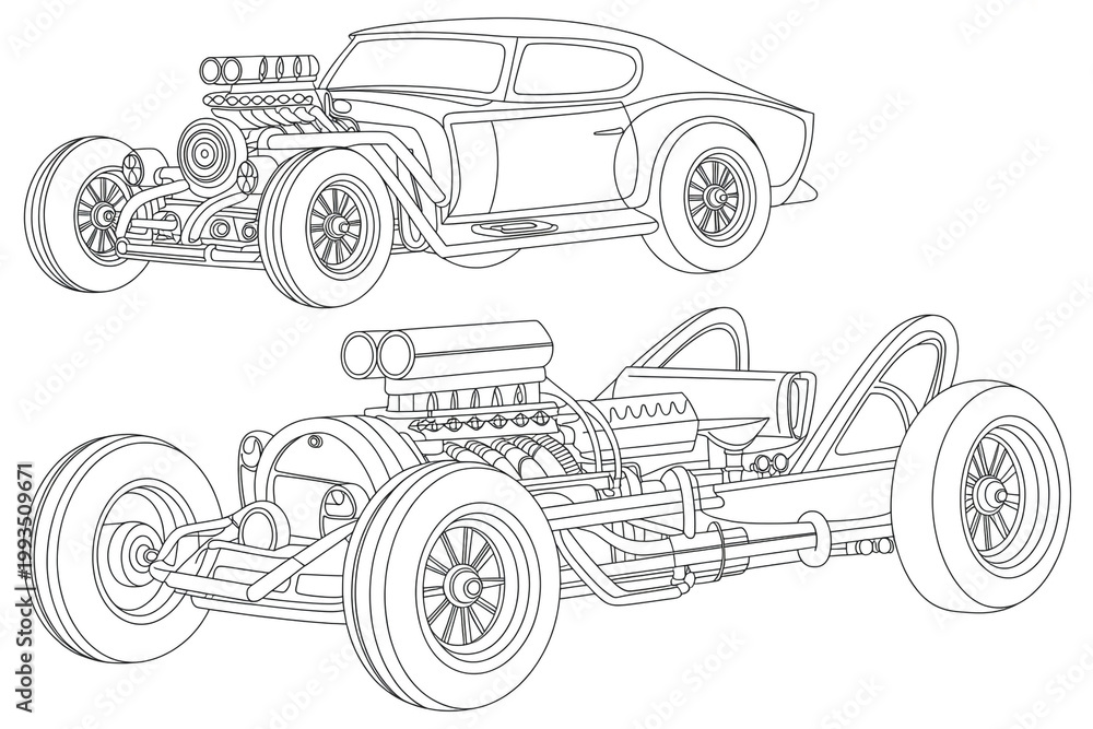 Fototapeta premium Detailed line drawing of two hot rod cars with exposed engines