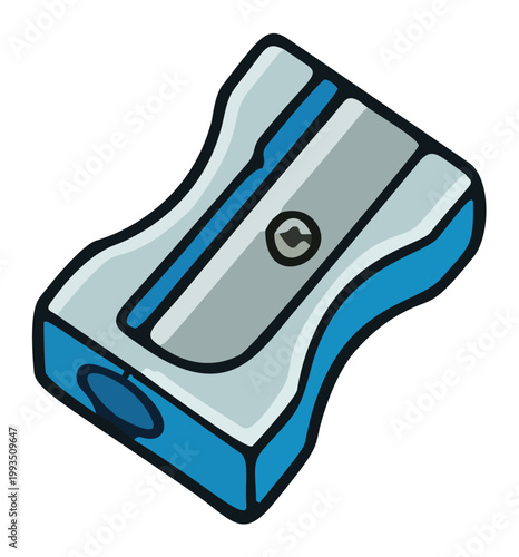 Close up illustration of a blue and grey pencil sharpener on white background