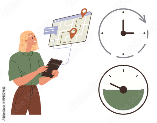 Navigation, time management, logistics, productivity, mapping tools, travel planning. Woman holding a tablet with a digital map. Navigation and time management concept portrayed visually