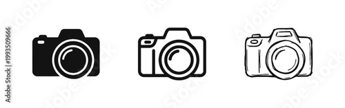 DSLR digital camera icon set, three styles of photography and video equipment symbols for photographers