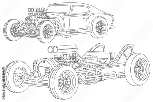Detailed line drawing of two hot rod cars with exposed engines