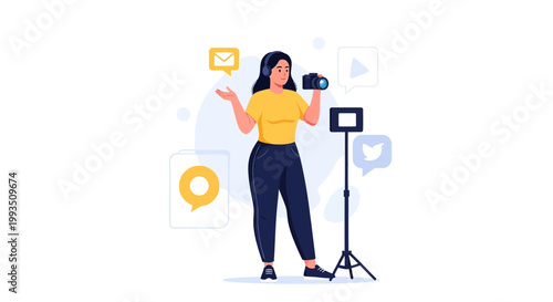 Content Creator with Camera and Social Media Icons, Vlogging Concept