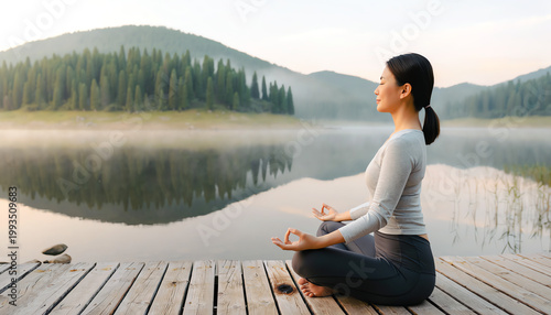 A woman meditates peacefully on a wooden dock overlooking a misty lake surrounded by pine-covered hills at sunrise.