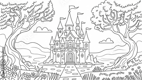 A black and white line drawing of a fairy tale castle with trees and flowers