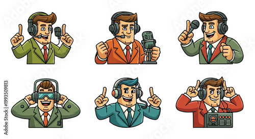 Cartoon broadcasters posing with microphones and audio equipment