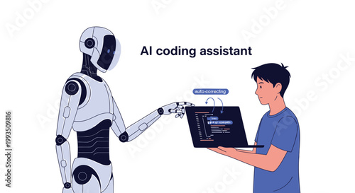 AI robot coding assistant, programmer with robot, coding help, technology vector