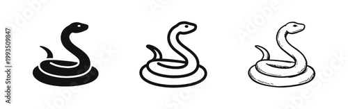 Snake reptile icon set, three styles of serpent and cobra symbols for nature and biology concepts