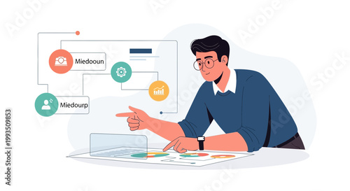 Man analyzing business strategy with flowchart and charts on table