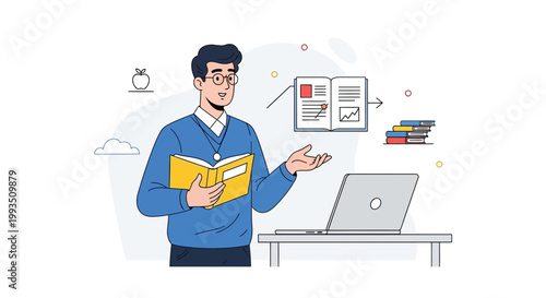 Male teacher with book and laptop, teaching online, education concept, flat illustration