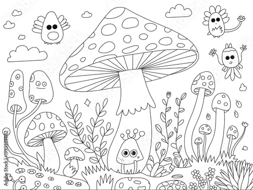 Whimsical illustration of a fantastical forest with mushrooms and creatures