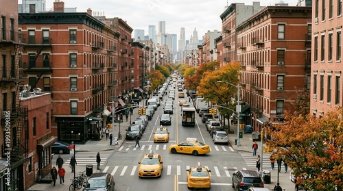 New York City Lower East Side urban landscape with yellow taxis on the street.