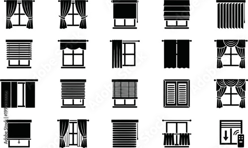 Collection of various curtain and blind icons in black silhouettes
