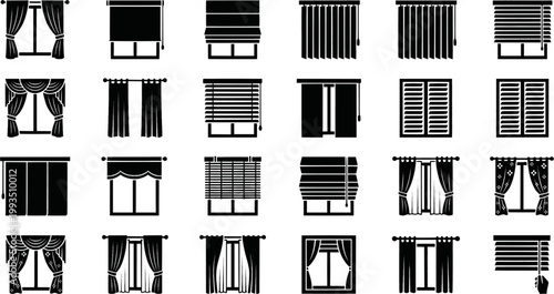 Collection of various curtain and blind icons in black silhouettes
