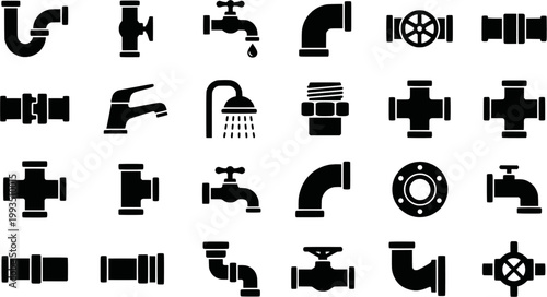 Collection of plumbing icons: pipes, faucets, shower, valves in black silhouettes
