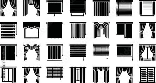 Collection of various curtain and blind icons in black silhouettes
