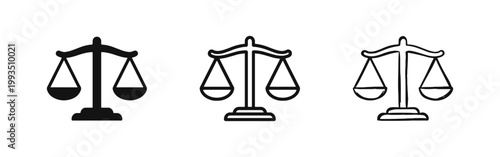 Scales of justice and law icon set, three styles of legal and equality symbols for court and balance