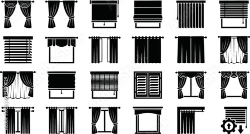 Collection of various curtain and blind icons in black silhouettes
