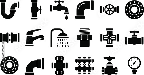 Collection of plumbing icons: pipes, faucets, shower, valves in black silhouettes
