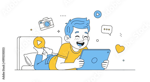 Happy boy with tablet, watching videos and playing games online