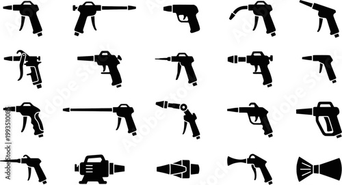 Silhouette collection of four air blow guns on white background

