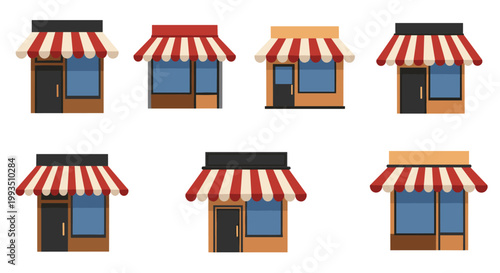 Set of diverse storefront icons with red and white striped awnings representing small businesses, shops, and retail locations.