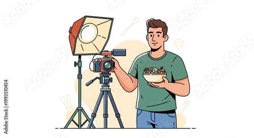 Food Vlogger Filming Recipe with Camera and Lighting