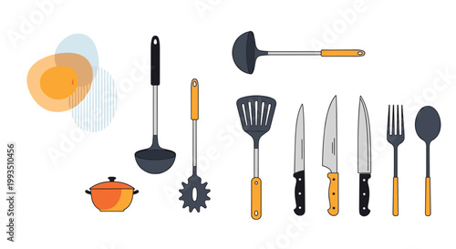 Diverse selection of kitchen utensils including ladles, spatulas, knives, a fork, and a pot arranged on a clean background.