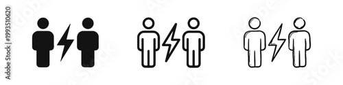 Conflict between two people icon set, three styles of disagreement and competition symbols for argument