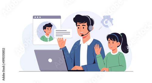 Father and Daughter Online Learning and Remote Work Together