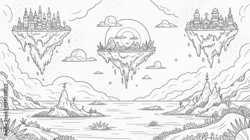 Fantasy landscape with floating islands and castles in the sky