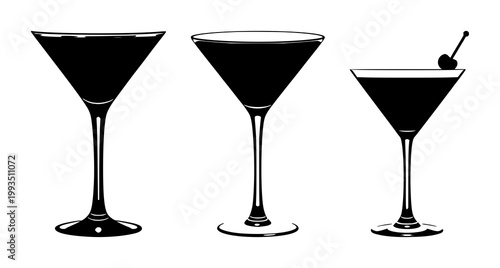 Martini glass set with black silhouette on white background featuring cocktail, beverage, iconography with line art and silhouette