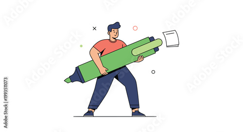 Determined man carrying a massive green highlighter pen across a white background symbolizing emphasis, study, and attention.