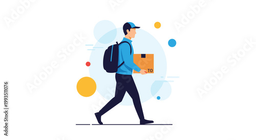 Professional delivery man in a blue uniform carrying a cardboard box while walking quickly against a stylized background.